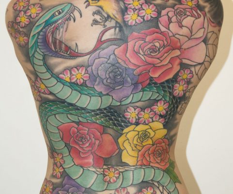 snake flower bird backpiece tattoo