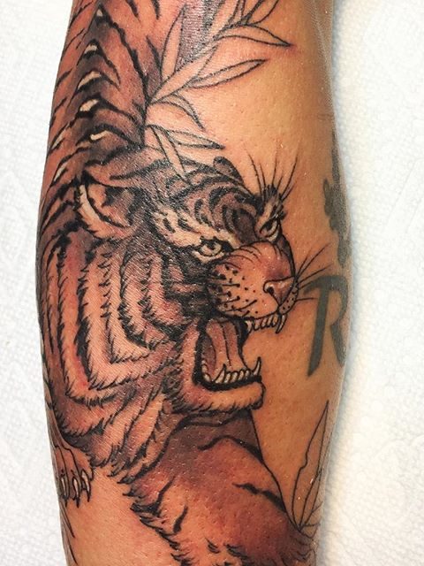 black and gray tiger arm tattoo