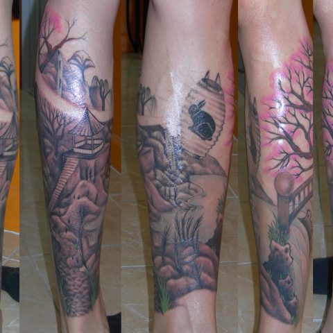 Japanese village leg tattoo