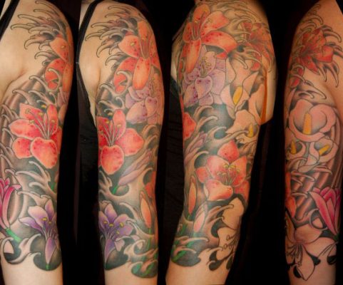 flower waves sleeve tattoo