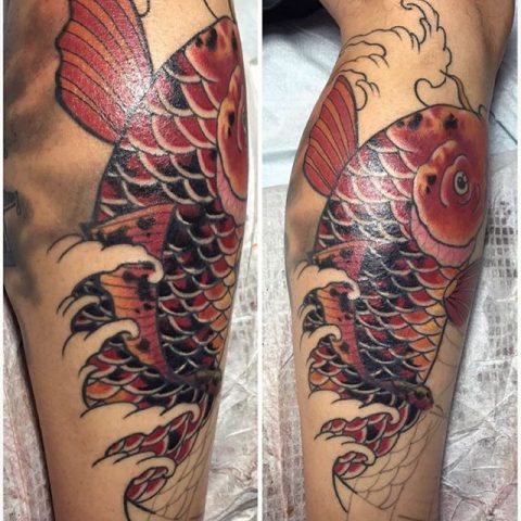 koi sleeve tattoo in progress