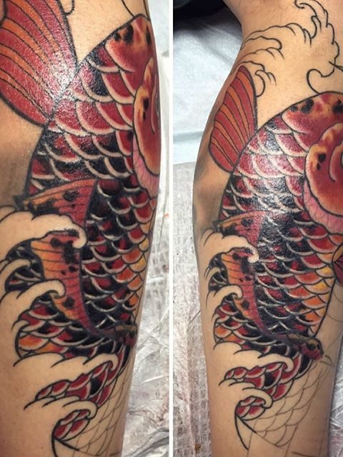 koi sleeve tattoo in progress