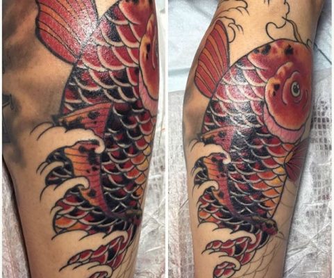 koi sleeve tattoo in progress