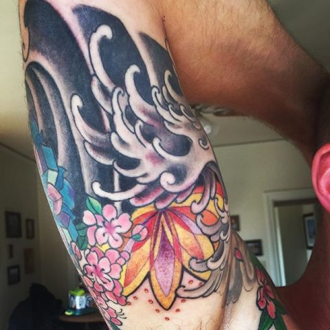 mandala flowers wave sleeve tattoo