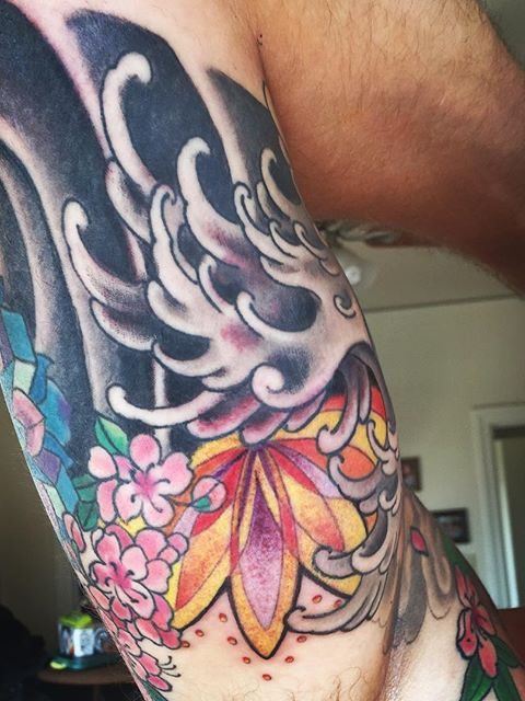 mandala flowers wave sleeve tattoo