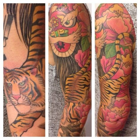 peony and tiger sleeve tattoo