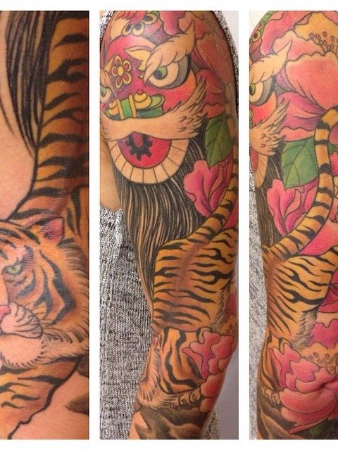 peony and tiger sleeve tattoo