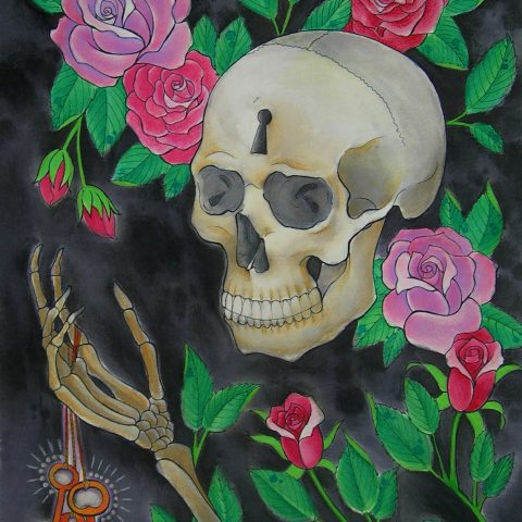 skull and roses painting
