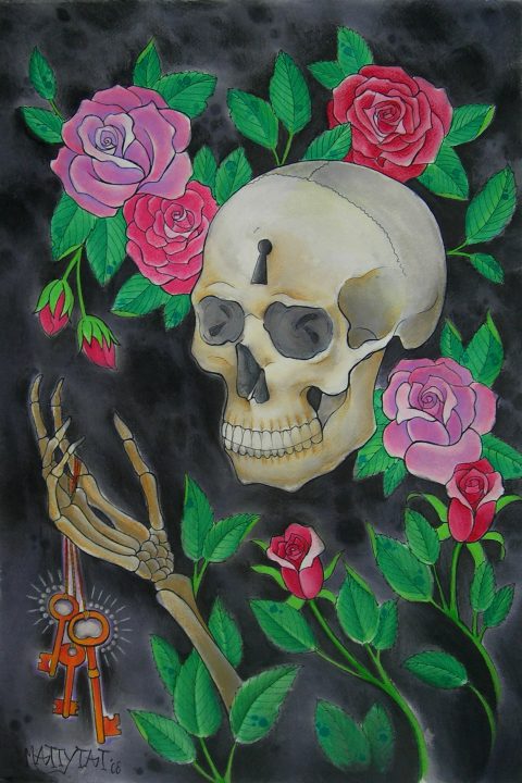 skull and roses painting