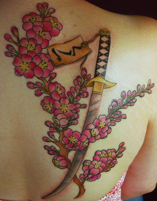 sword cherry blossoms tattoo