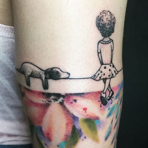 watercolor girl and dog tattoo