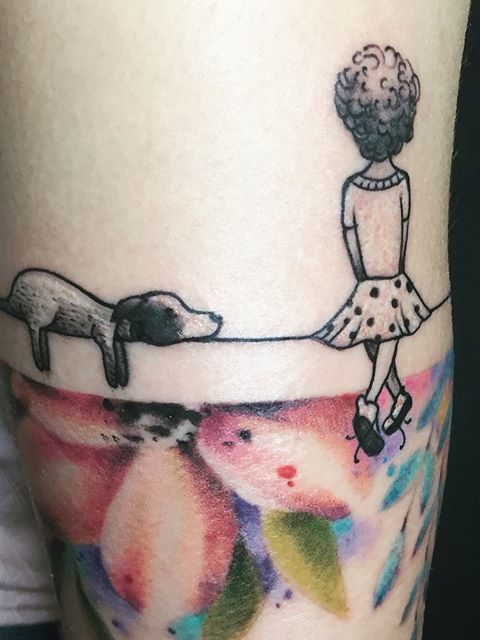 watercolor girl and dog tattoo