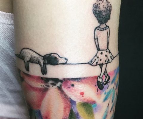 watercolor girl and dog tattoo