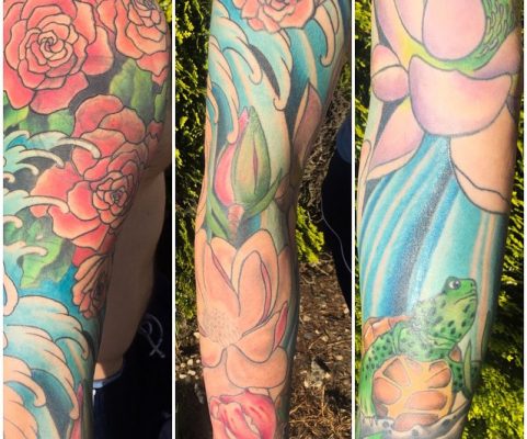 flowers waves turtle sleeve tattoo