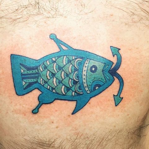 blue fish hook tattoo