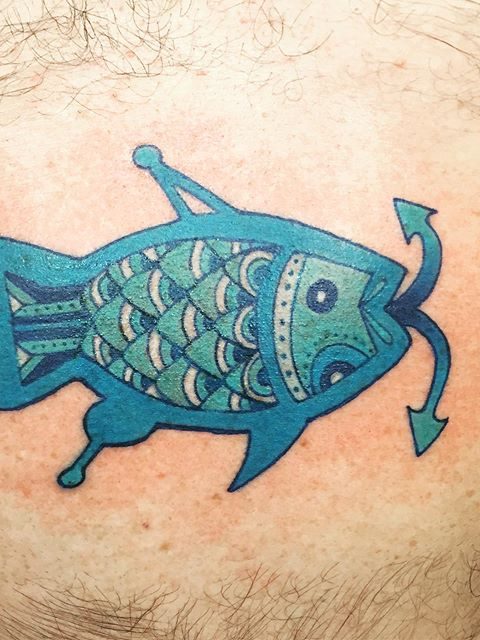 blue fish hook tattoo
