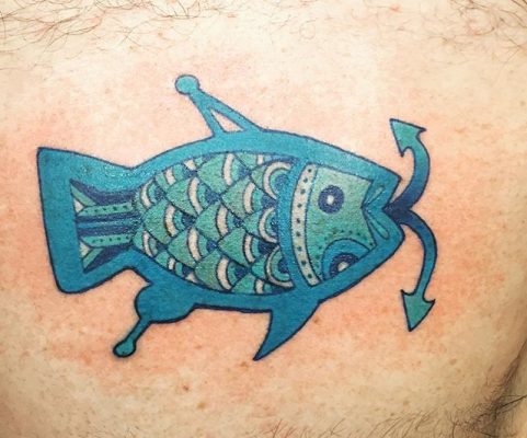 blue fish hook tattoo