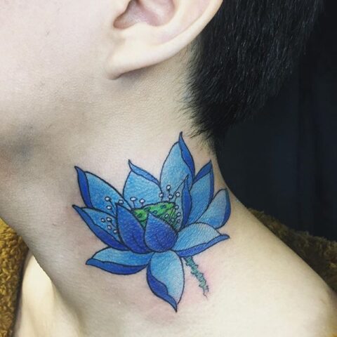 blue neck flower tattoo