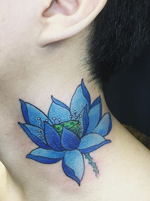 blue neck flower tattoo