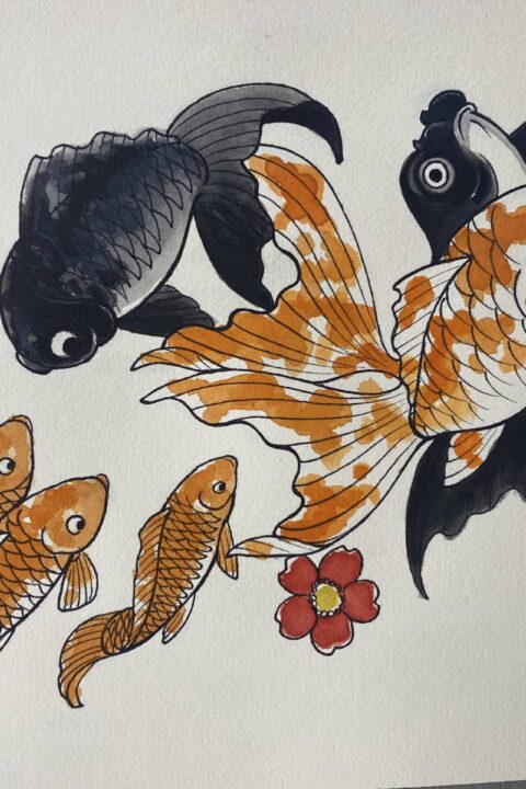 koi fish swimming flower painting