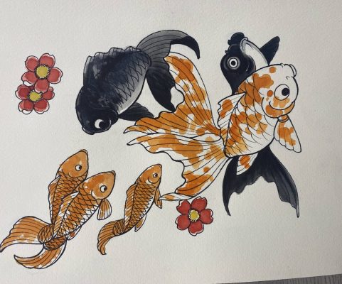 koi fish swimming flower painting