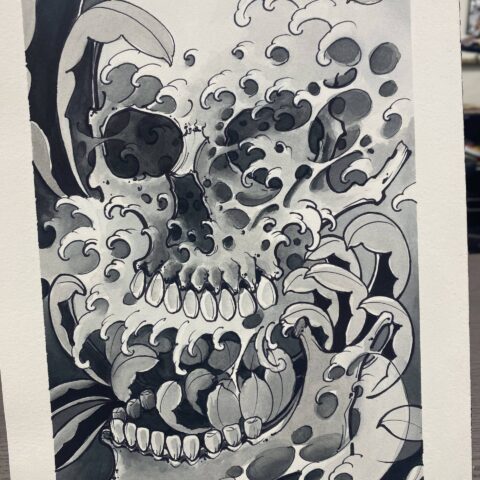 waves and skull painting black and white