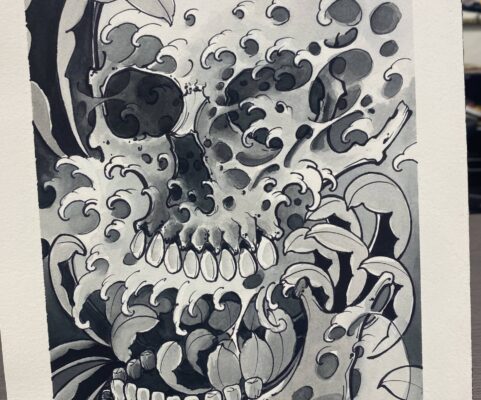 waves and skull painting black and white